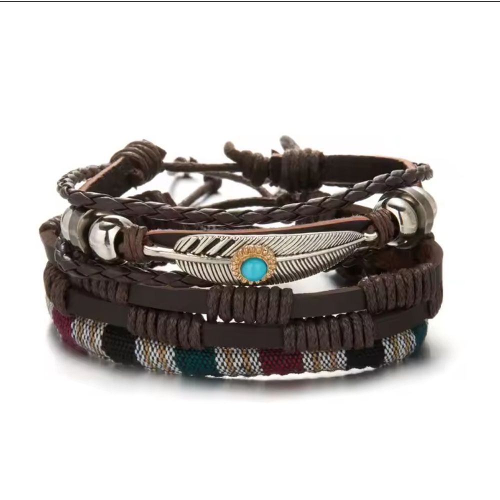 Men's leather bracelets set 3pc‎ braided feather layered New e95
